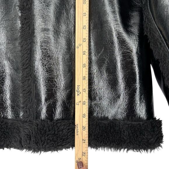 Nasty Gal Aviator Jacket Faux Fur Trim Shiny Black Modern Boxy Size 6 Womens - Picture 5 of 12